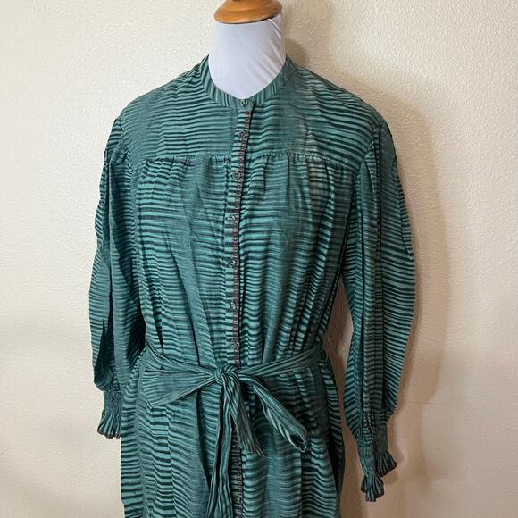 Ulla Johnson Teal Fiora Piplin Cotton Striped Long Sleeve Midi Dress 8 - Picture 4 of 13